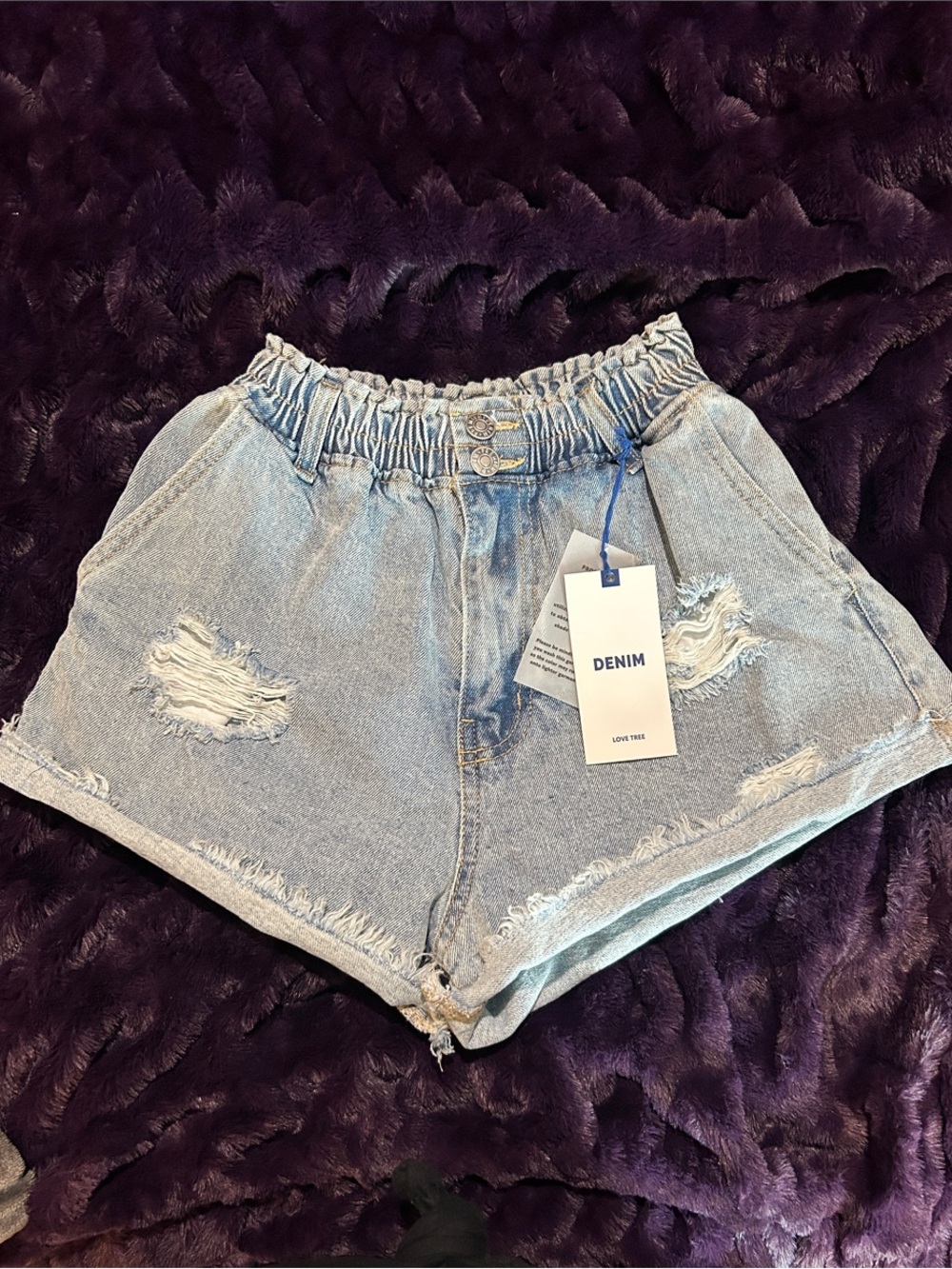 Love Tree Light Blue Elastic-Waist Distressed Denim Shorts